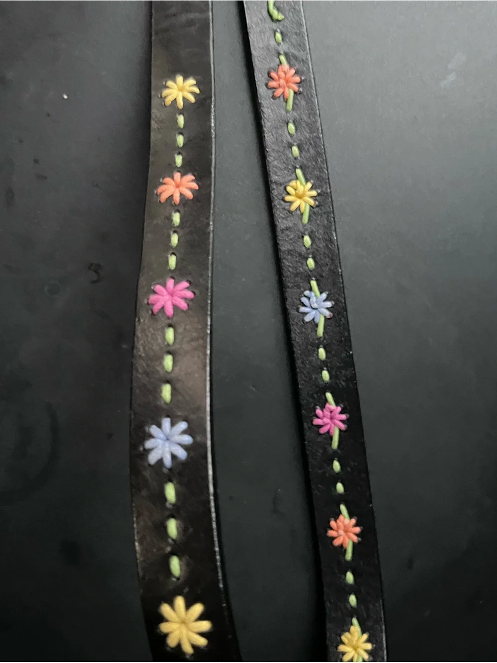 Black Leather Belt with Multicolor Floral Embroidery